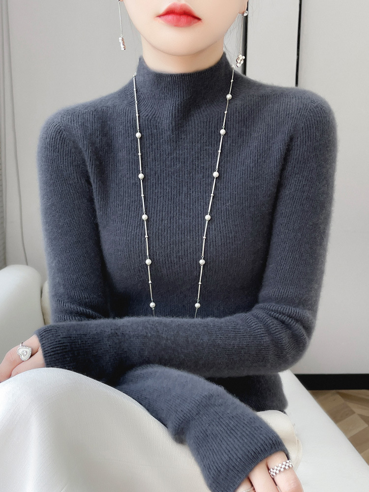 Seamless Strip Half-high Collar Pure Wool Sweater Women's Slim-fit Sweater All-match Autumn and Winter Grey Knitted Base Cashmere Sweater