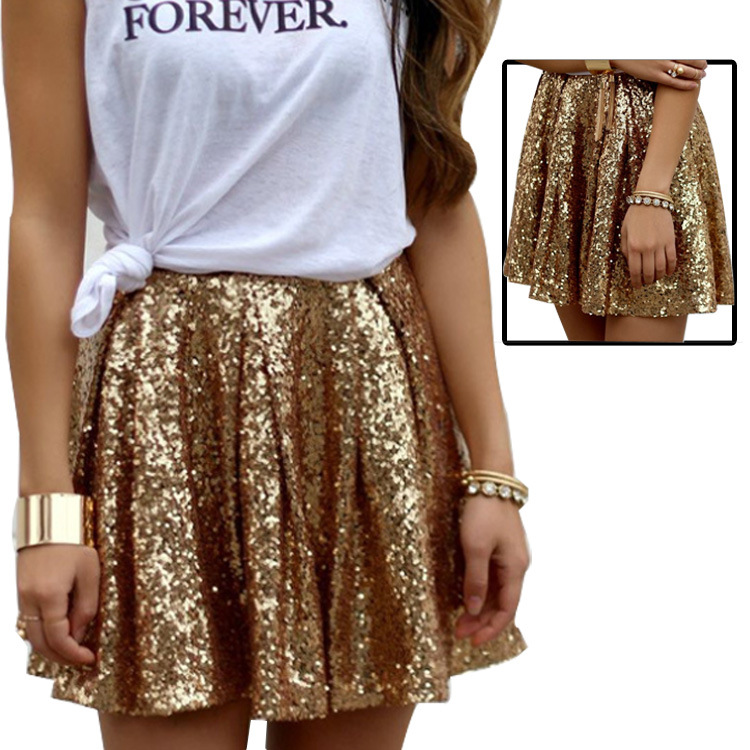 Wish AliExpress Explosions Women's Skirt 2019 European and American Fashion Sexy Golden Sequin Skirt Pleated Dress