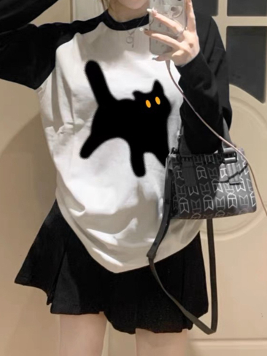 American-style Black Cat Printed Loose Color-block Long-sleeved T-shirt Female Student New Round Neck Raglan Sleeve Mid-length Women's Top