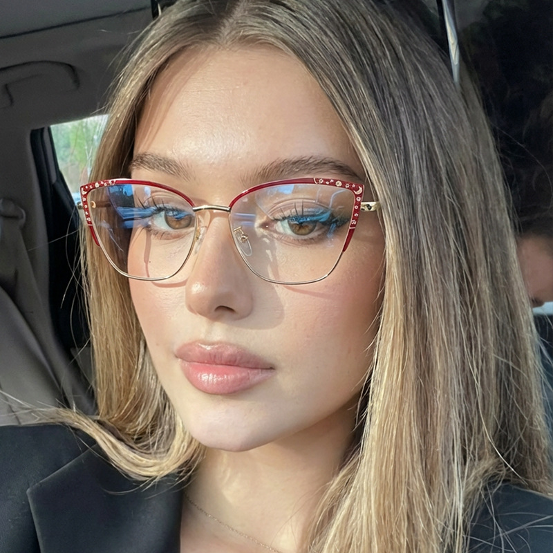 Metal Moon Star Eyeglass Frames for Women, Cat-Eye Ins-Style Glasses with Spring Hinges, European and American Anti-Blue Light Trendy Flat Glasses