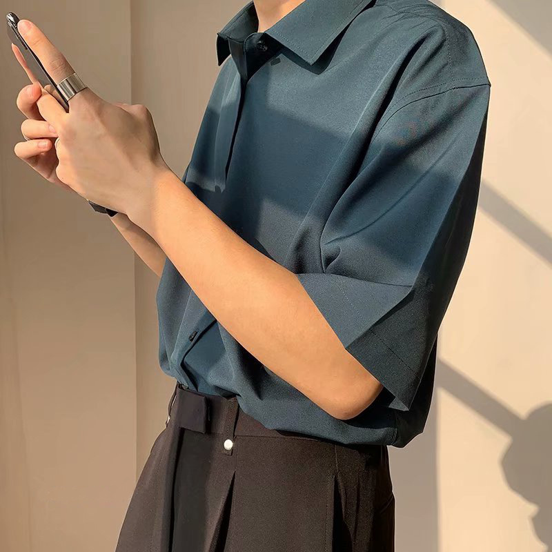 Dark Green Ice Silk Shirt Men's Summer Thin Short-sleeved dk Uniform Fashionable Loose Casual Half-sleeved Ruffian Handsome White Shirt