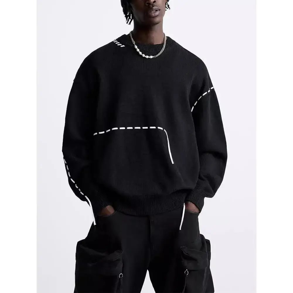 Men's Black Knitwear Long-Sleeved Sweater with Decorative Line Details