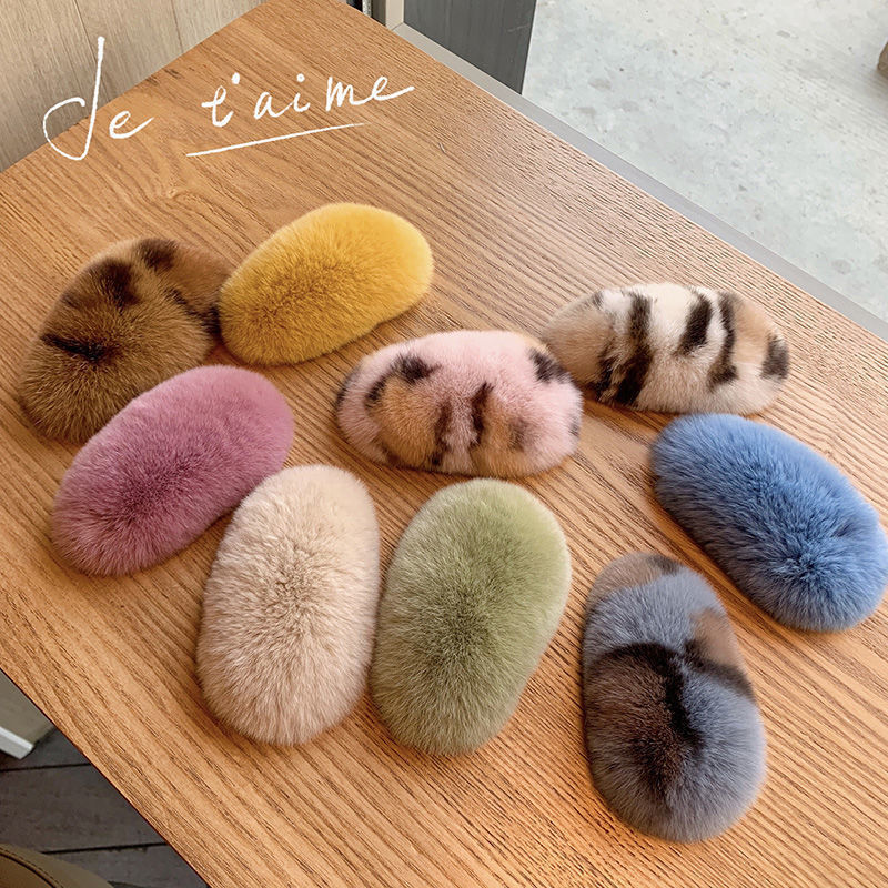Korean Ins Real Rabbit Fur Bb Clip Girl Hairpin Internet Celebrity Fluffy Edge Clip Plush Cute Sweet Hairpin for Women