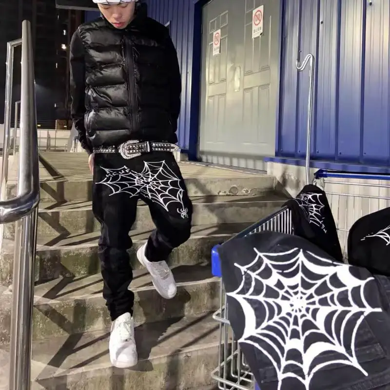 American hip hop jeans men's high street niche fashion brand spider web printed loose casual straight wide leg pants