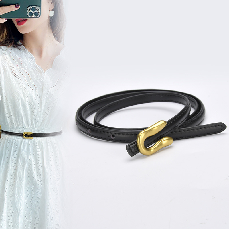 Women's Belt Thin Jeans Shorts Ins Trendy Genuine Leather Narrow Pants with Western Pants Summer High Waist Soft Black Narrow Small Belt