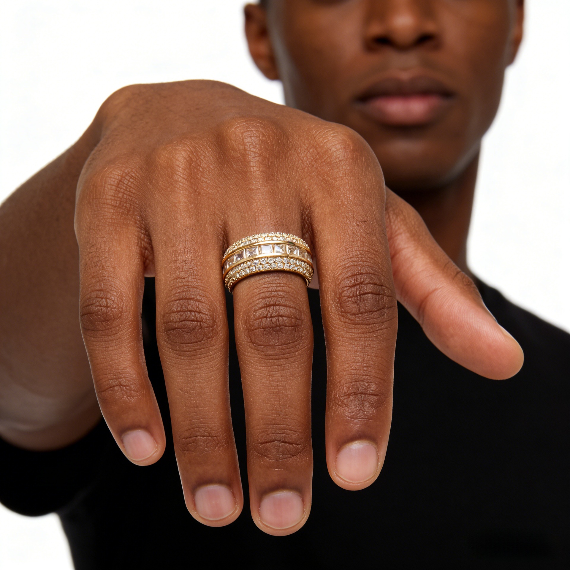 Gold-Plated Five-Row Full Diamond Hip-Hop Ring with Square Zircon and Round Side Stones, Hollow-Out Ring, Rap Performance Jewelry, Cross-Border Wholesale