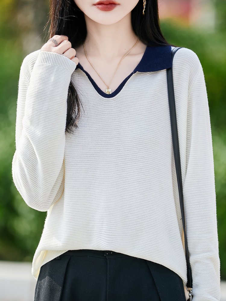 2026 Spring and Autumn New Women's Scissor Collar Color-Block Long Sleeve Top Slimming Elegant Versatile Knitted Base Shirt