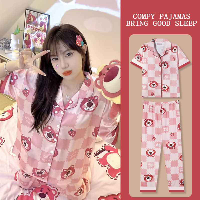 Summer Japanese Strawberry Bear Pajamas Women's Cardigan Short-sleeved Trousers Cartoon Sweet Cute Girl's Home Clothes suit