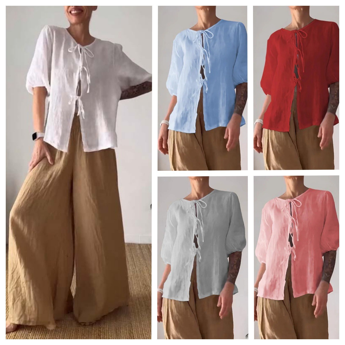 European and American Cross-border Women's Clothing Independent Station Fashion Casual Solid Color Round Neck Lace-up Shirt High Waist Wide Leg Pants Two-piece Set for Summer