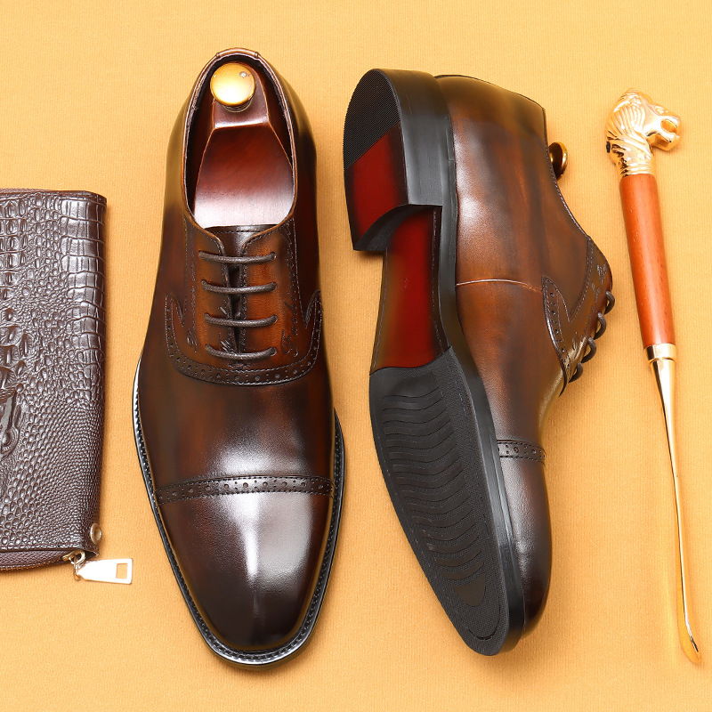 Men's Leather Shoes 2026 New Model Genuine Leather Polished Brogue Shoes Business Formal Retro Three-Strap Oxford Shoes