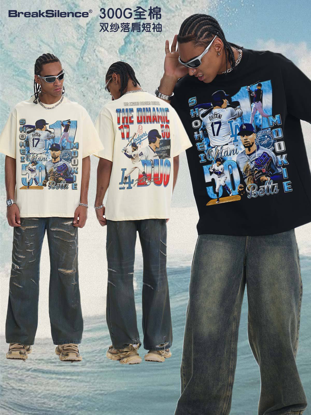 2026 Spring/Summer Baseball Dodgers Digital Direct Print Breathable Heavyweight Short Sleeve Men's Street Retro Crew Neck Top Base Layer