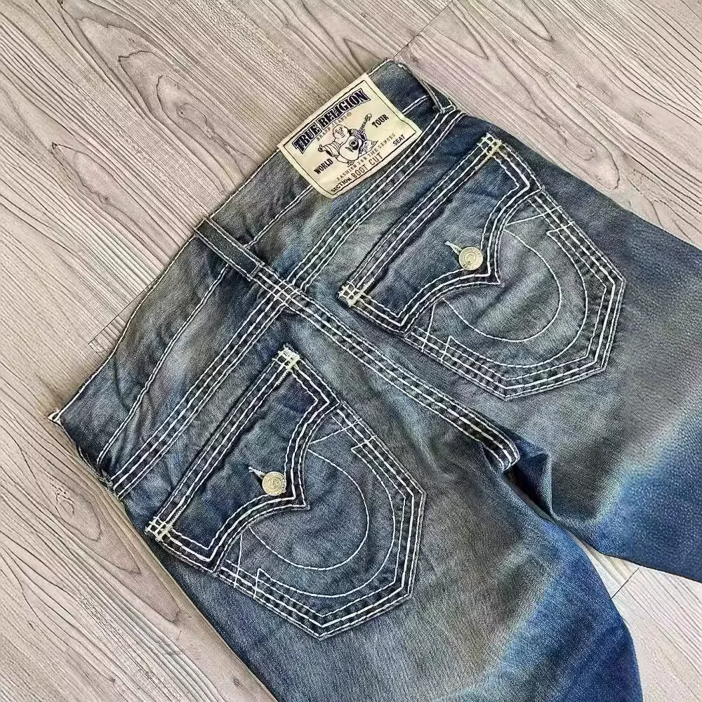 美式高街潮牌裤字白色粗线设计感视觉系朋克风潮流直筒牛仔裤男