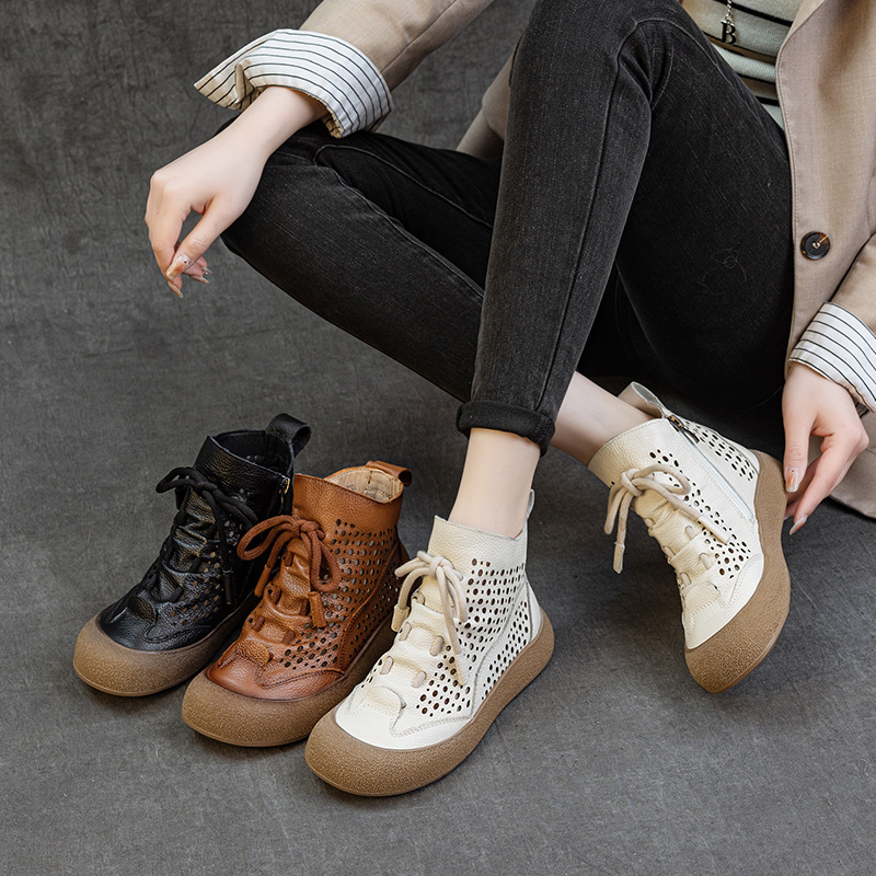 The first layer of cowhide spring and summer new hollow women's leather boots flat heel soft bottom hole high-top breathable vintage handmade women's short boots