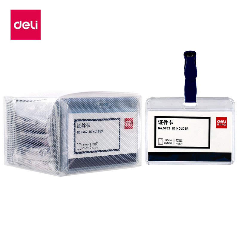 Deli 5752 Horizontal Soft Transparent Badge Badge Work Id Card Factory Card Set with Hanging Clip Id Card