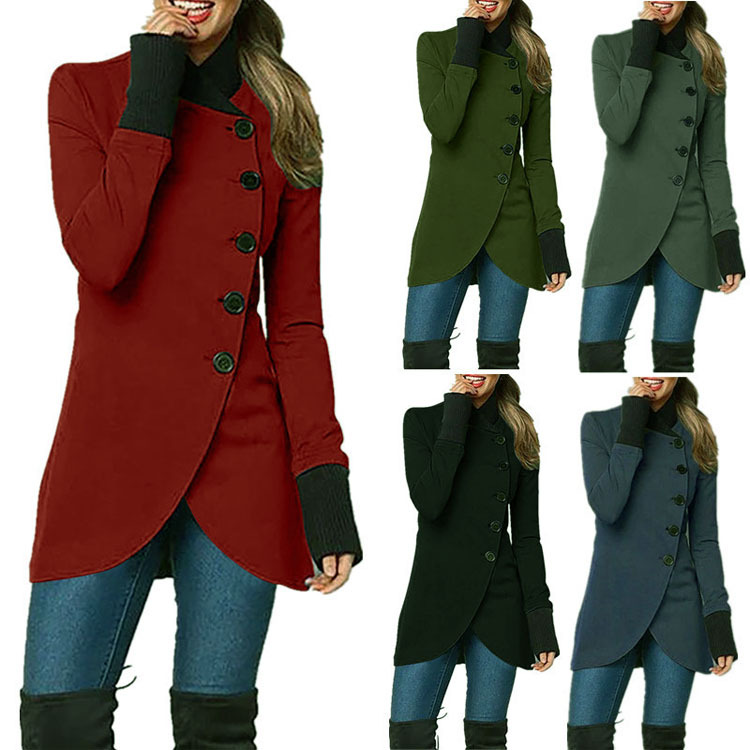 2026 Amazon Wish European and American Cross-Border Autumn and Winter New Solid Color Single-Breasted Patchwork Hem Slit Long-Sleeve Coat