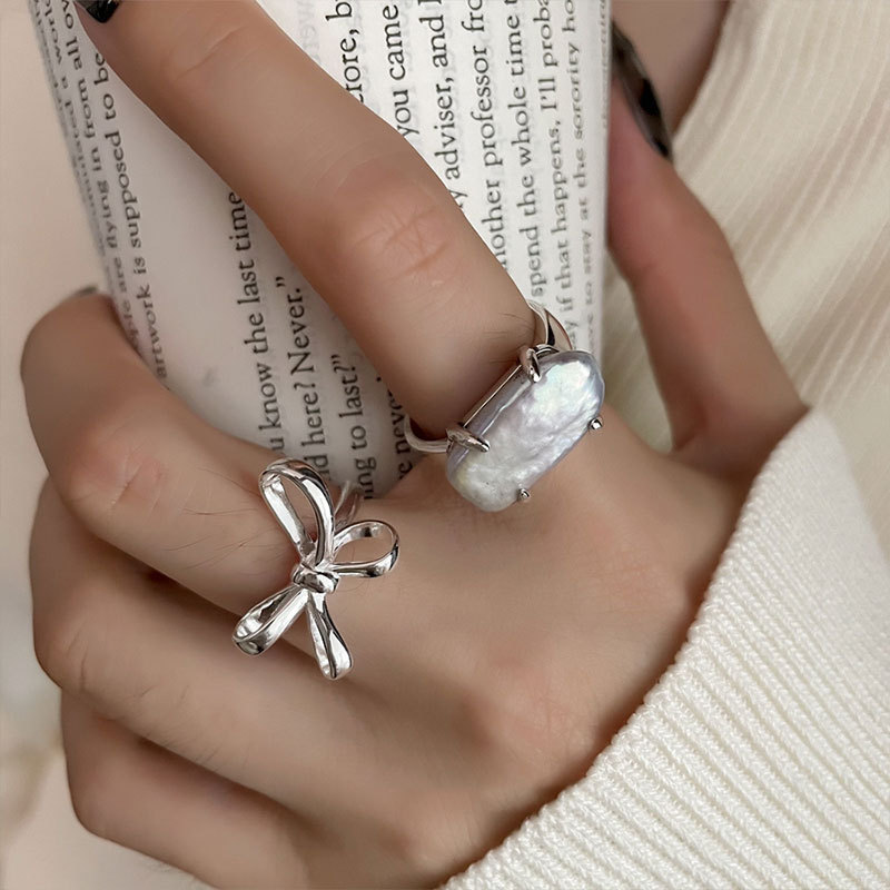 Korean-Style Popular Line Bowknot Ring, Vintage Fashion Irregular Pearl Open Ring, Hip-Hop Index Finger Ring