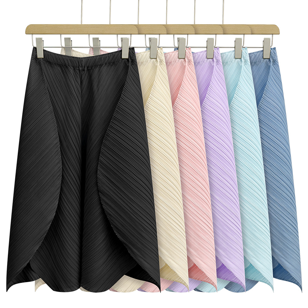 High-End Solid Color Elastic Waistband Casual Elegant Versatile Slimming Loose Pleated Flower Bud Wide-Leg Skirt Pants for Women