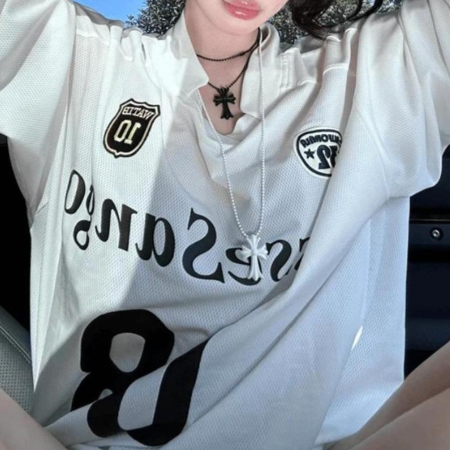 Zhao Rusi Same Style ~ American CarseSang08 Letter Print Mesh Jersey Loose Lower Body Missing Long Sleeve