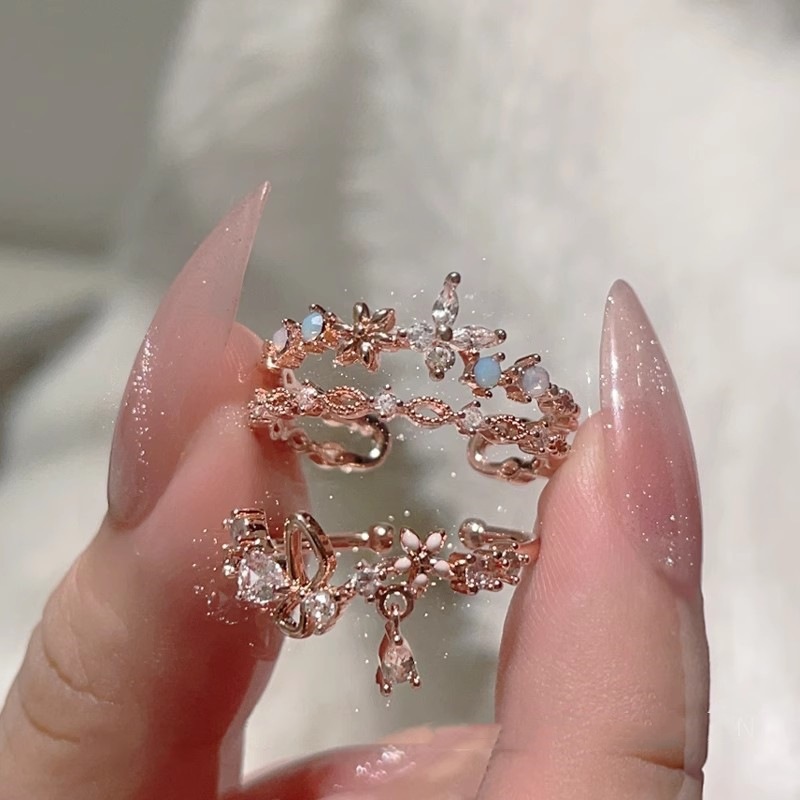 Butterfly Flower Fairy Ring Women's Mori Super Fairy Girl's Heart Stacked Finger Ring Fashion Double-Layer Butterfly Open Finger Ring