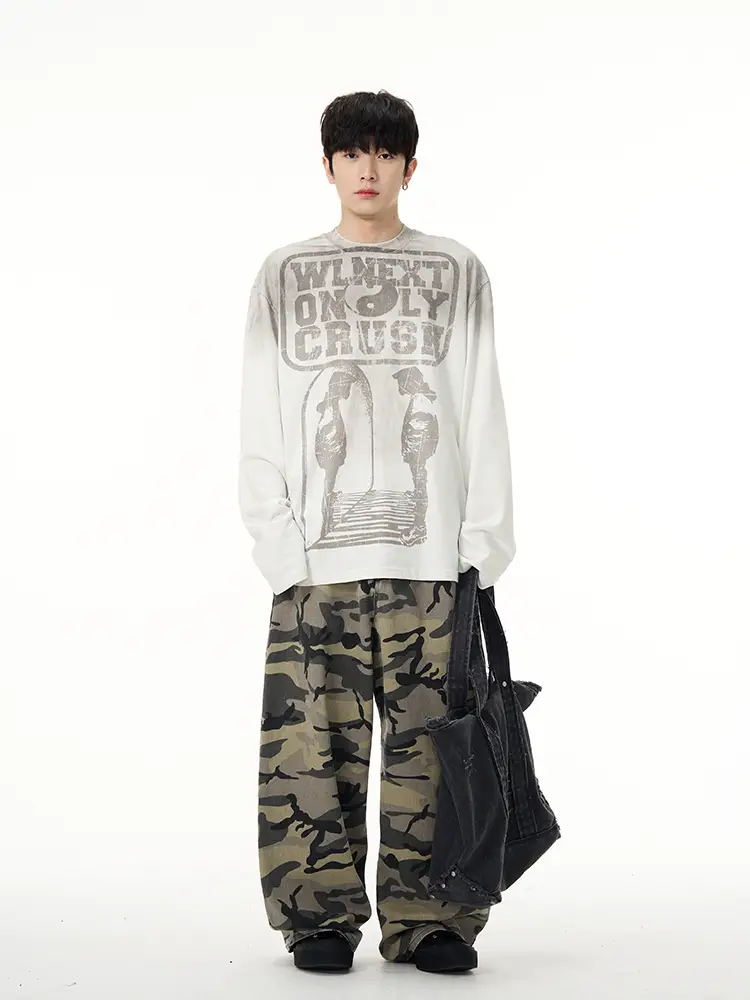 Tailang's Shop American Retro Niche Design Wasteland Style Printed Long-Sleeve T-Shirt Men's Trendy Brand High-End Top