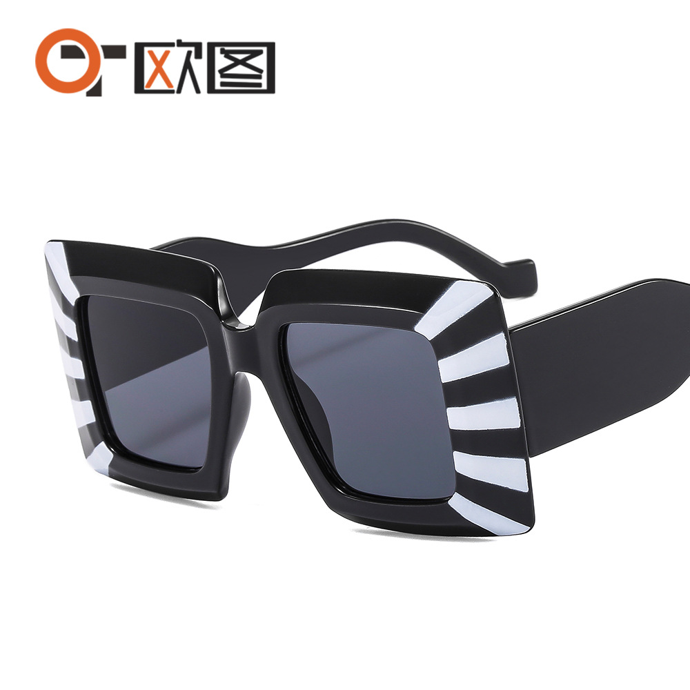 Outu New Large Frame All-match Fashion Modern Sunglasses Cross-border Striped Box Men's and Women's Street Photograph Sunglasses LH056