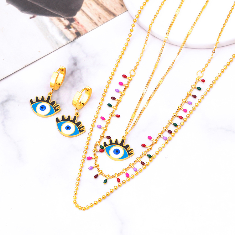 Cross-border jewelry color small bulb epoxy eye necklace multi-layer stacked titanium steel color retaining earrings women's set Wholesale