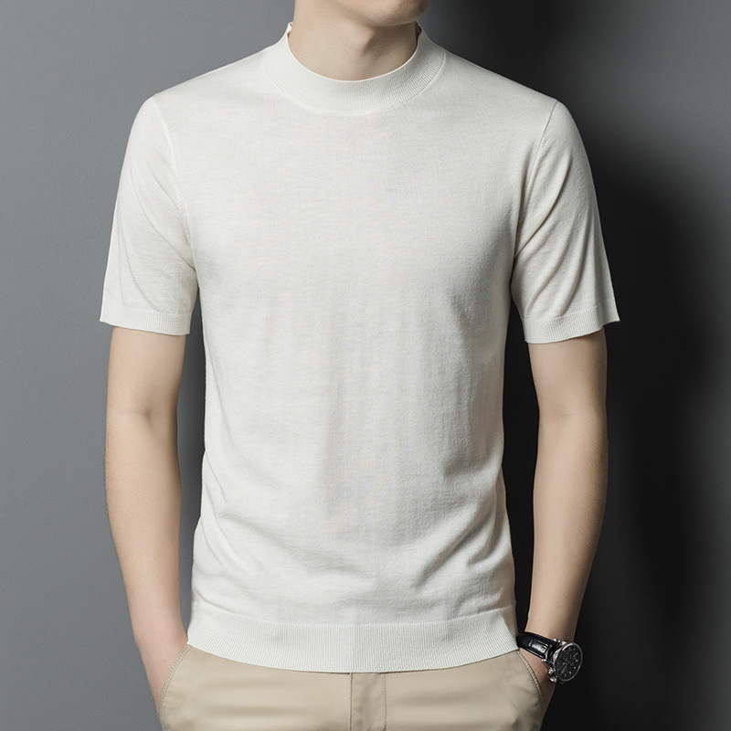 Wool Blend Short-Sleeved Knitwear Men's Spring and Autum Casual Half Turtleneck Stretch Versatile Men's Bottoming Shirt T-Shirt