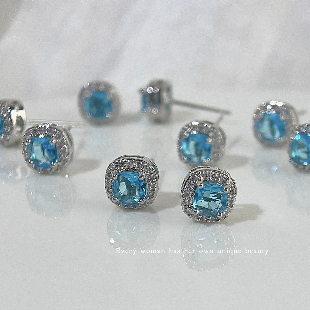Micro-Paved Zircon Simple Sea Blue Square Geometric Silver Needle Earrings Fashionable Work Clothing Versatile Earrings Factory Jewelry for Women