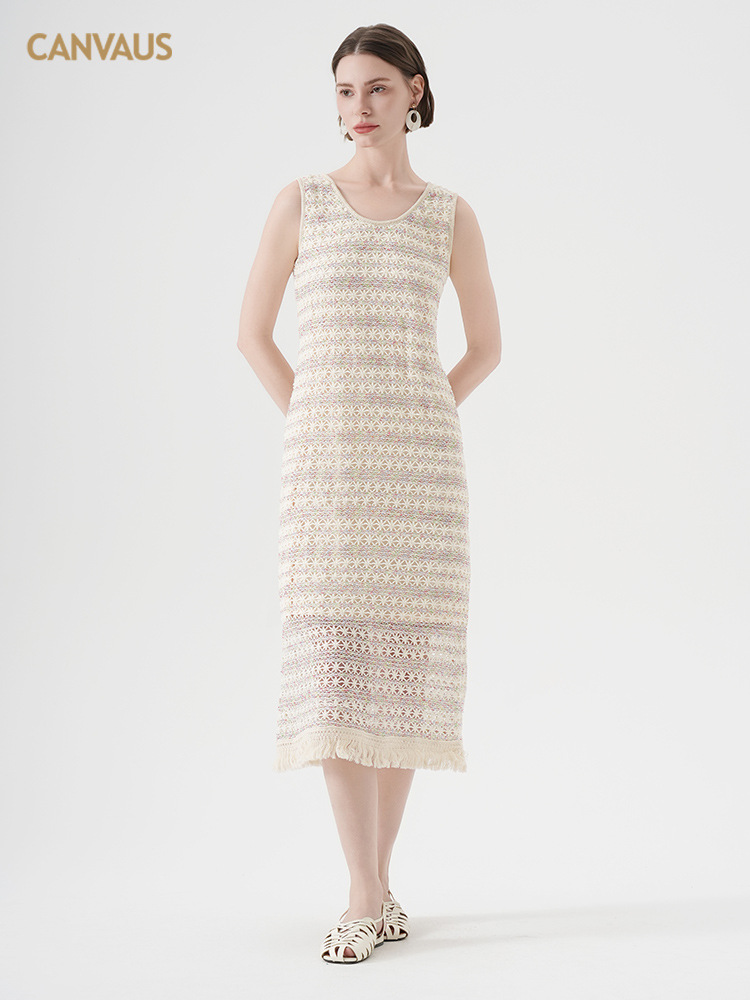 Canvaus Holiday Style Round Neck Dress Women's Summer New Design Crochet Tassel Mid-Length Vest Dress