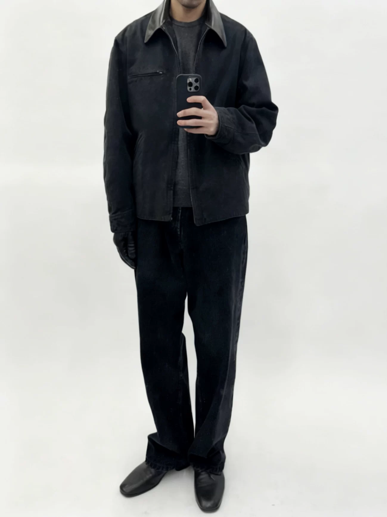 Vujade010 Drop1 Nappa leather collar workwear Detroit washed vintage jacket pearl canvas jacket