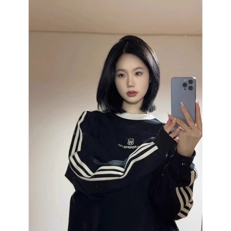 American-style Retro Three-bar Crewneck Sweater Women's Spring and Autumn Loose All-match Lazy Chic Raglan Long-sleeved Top Cross-border