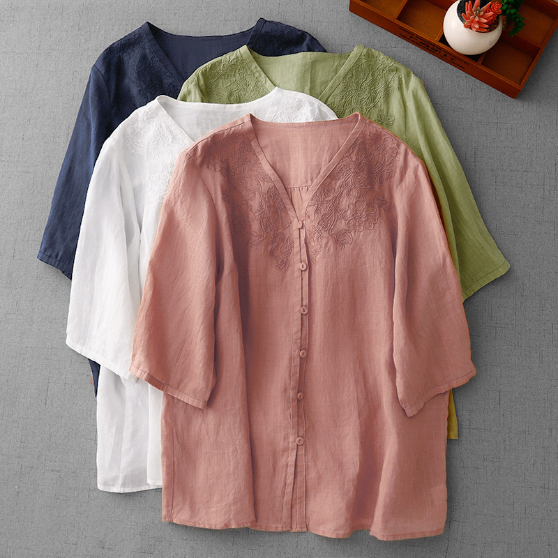 4-Color Heavy Embroidery V Neck Short-Sleeved Shirt for Women, Loose Slimming Look Three-Quarter Sleeve Lightweight Shirt, Linen Versatile Top for Women