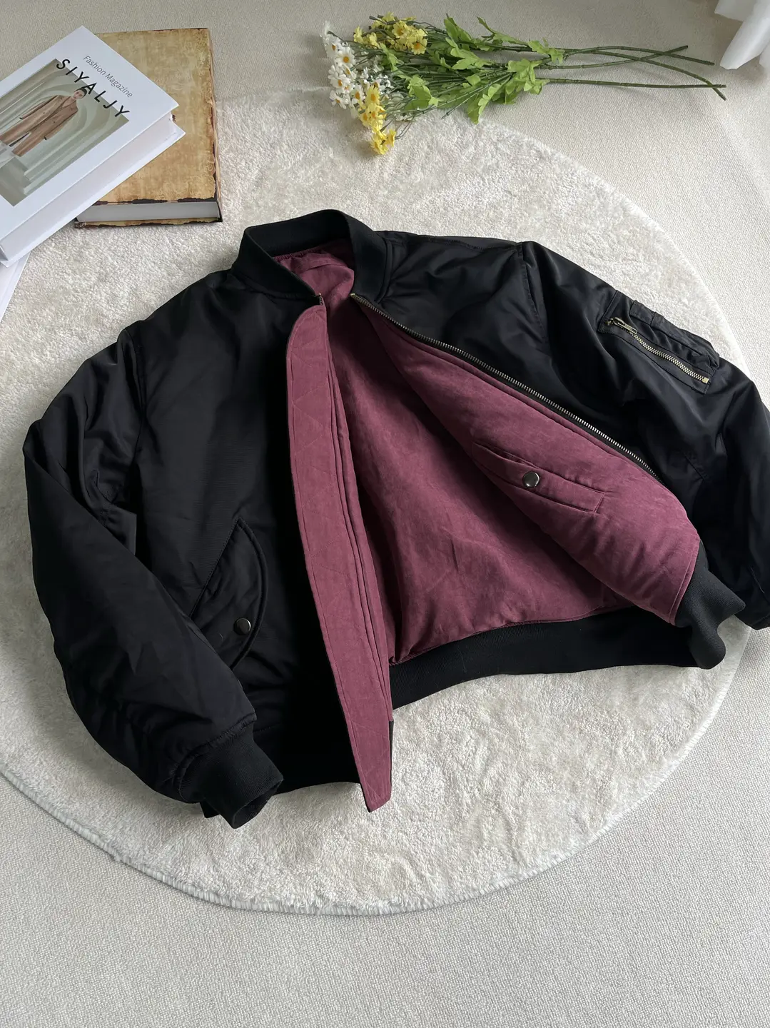 Xanvas Three-Color Burgundy Velvet Annual King Bomb thickened Cotton Jacket Bomber jacket Reversible Ma1 Pilot