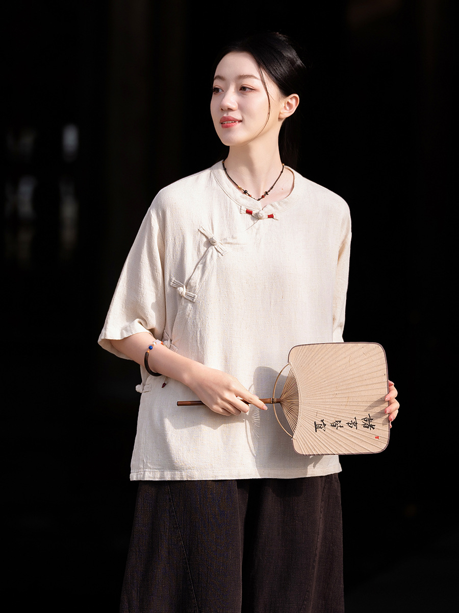 26 Summer Cotton and Linen Women's Clothing New Retro Chinese Style Stand Collar Thin Diagonal Button Top Tea Dress Women's Linen Shirt