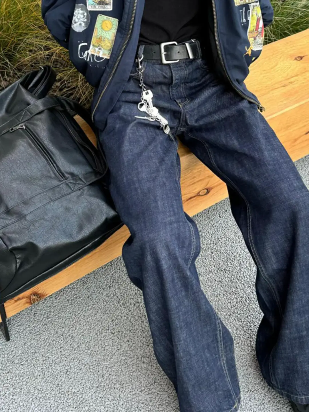 Cleanfit Denim Jeans for Men, Straight-Leg American Retro Blue Wide-Leg Pants, Trendy Brand Curved Knife Flared Long Pants