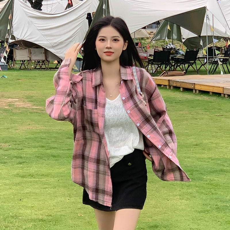 Retro Plaid Shirt Women's Summer Korean Chic Thin Cardigan Design Loose Plaid Long-Sleeved Sun Protection Jacket