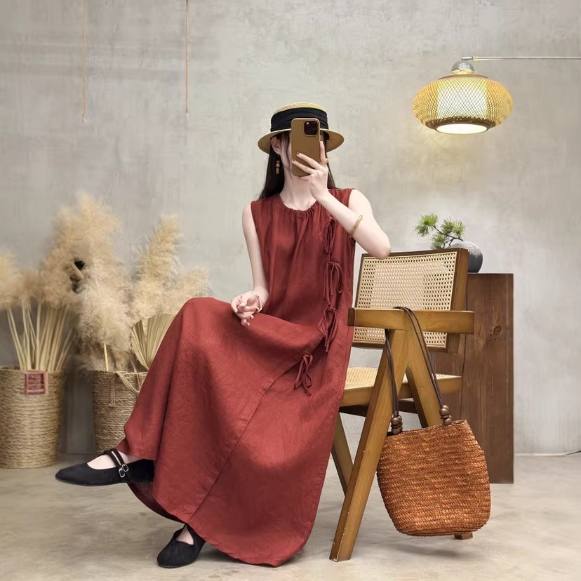 Pure Linen Dress 2026 Spring New Style Retro Lace-Up Sleeveless Solid Color Long Vest Dress for Women 8368