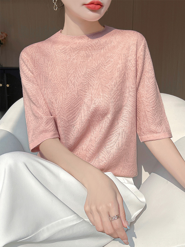 Short-Sleeve Women's T-Shirt, High-Quality Imitation Wool Knit Half-Sleeve Top, Summer High-End Hollow-Out Short-Sleeve Mid-Sleeve Women's T-Shirt, Korean Style