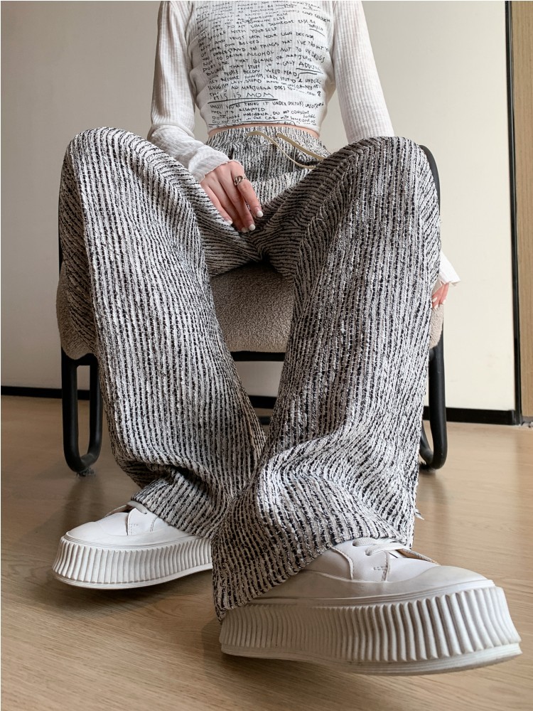 Spring New Product Small Fragrant Style Retro Lazy Straight Casual Pants Women's High Waist Loose Stripesd Wide Leg Pants Floor Mopping Pants