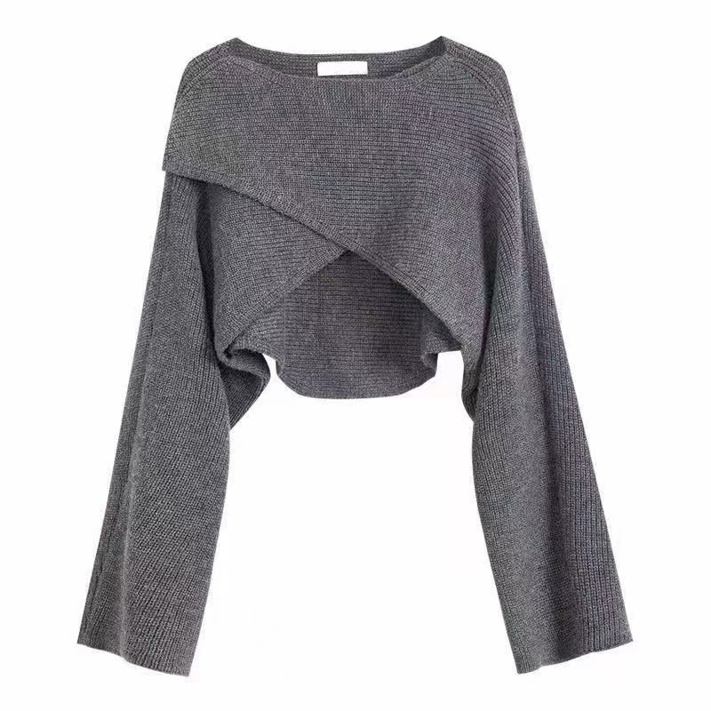 Cross sweater plus size women's clothing fat irregular short knitted sweater autumn design sense niche navel cross long