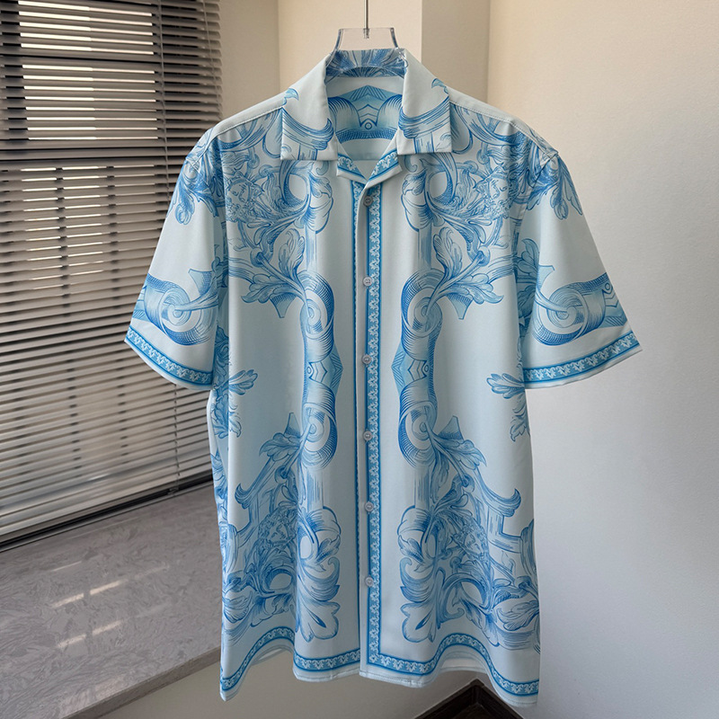 Spring and Summer New European and American Cross-Border Foreign Trade Fashion Youth Popular Digital Print Men's Short-Sleeved Collared Shirt
