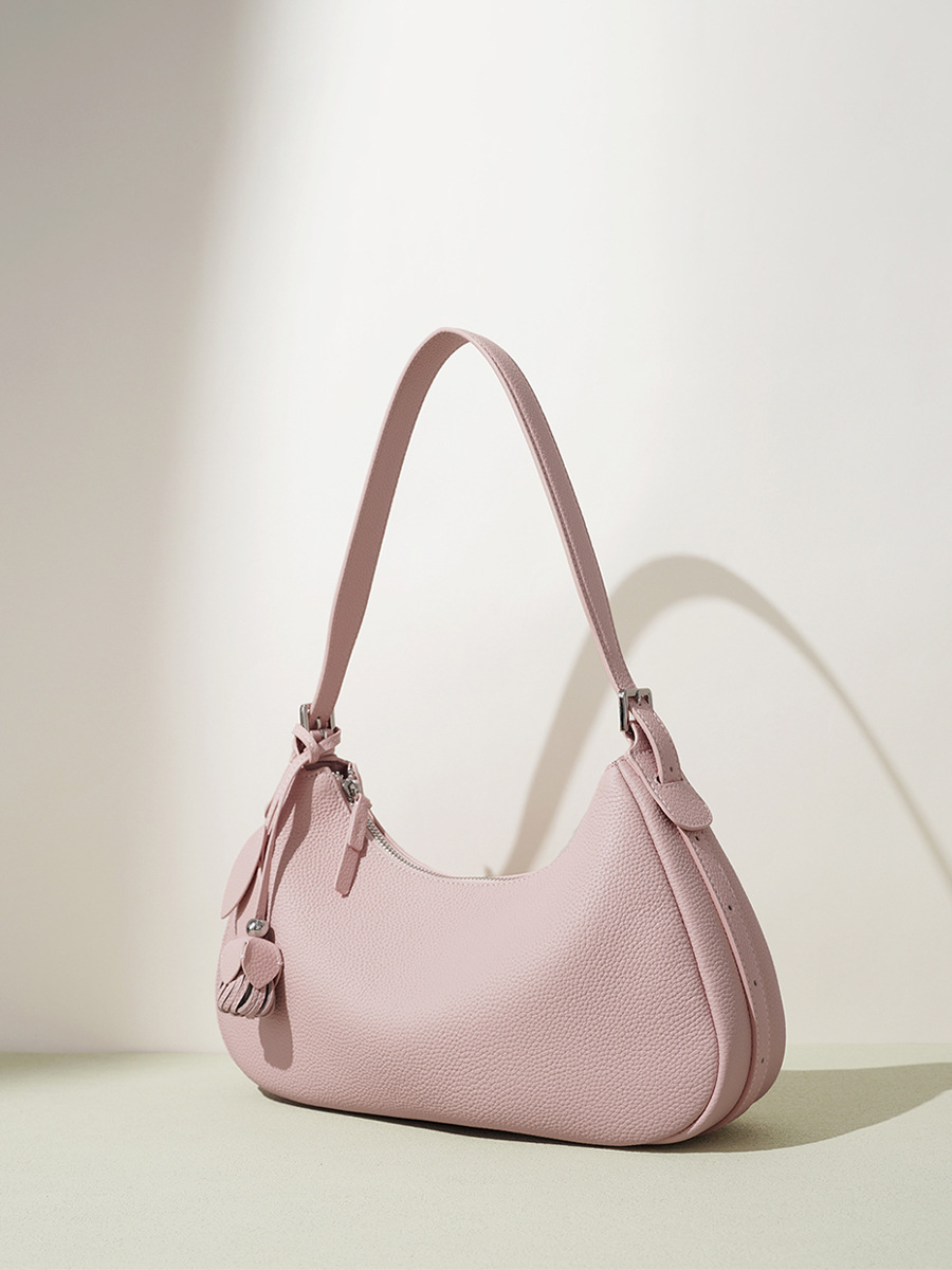 Candy-Colored Crescent-Shaped Bag, Genuine Leather, Versatile and Fashionable Handbag for Women, Original Design, Simple, Large Capacity, High-End Feel, Women's Underarm Bag