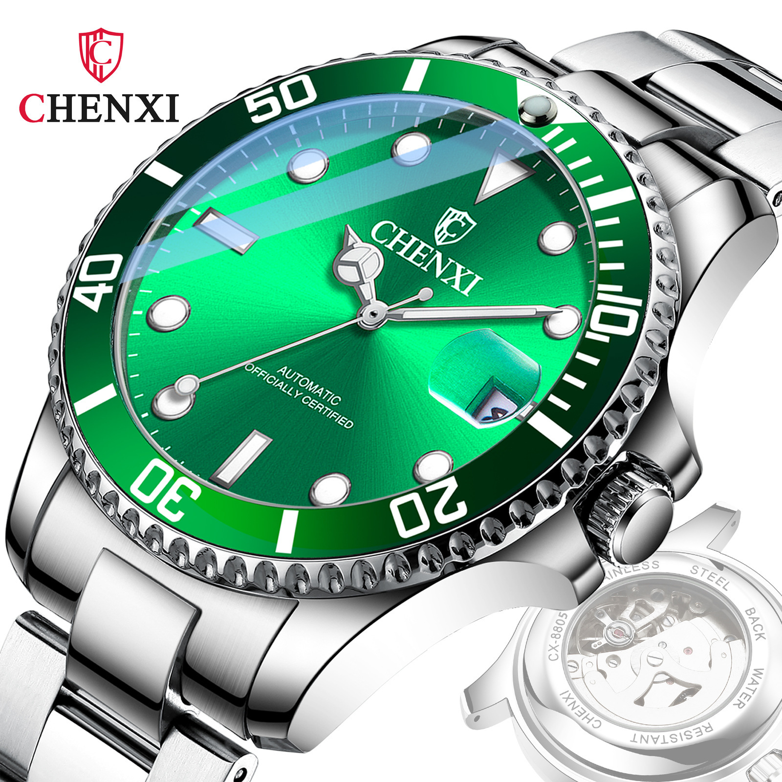 Chenxi High-End Submariner Mechanical Watch, a Popular Cross-Border Model for Men, Fully Automatic Waterproof Calendar Men's Watch, Submariner in Green