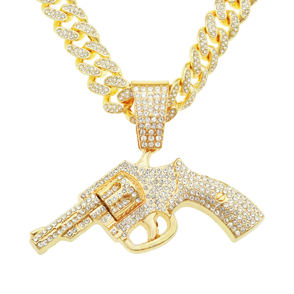 Cool personality wish hip hop full diamond gun pendant Cuban chain necklace hipster nightclub street dance motorcycle wear accessories
