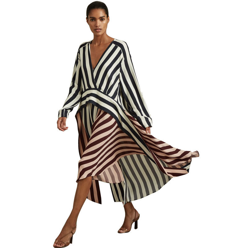 412 Foreign Trade Women's Long-sleeved dress European and American Women's Loose Striped Long Dress Design Sense Foreign Trade Casual Dress
