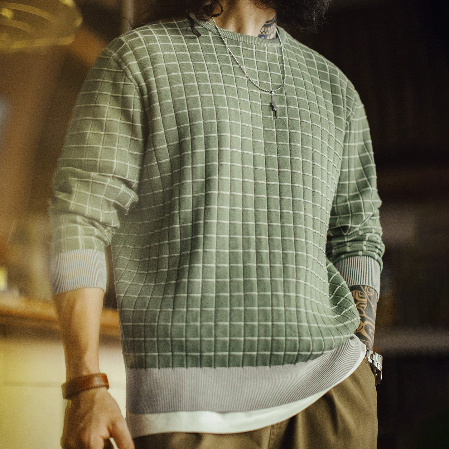 Madden Workwear American Retro Plaid Round Neck Sweatshirt Plaid Green Long-Sleeved T-Shirt Pullover Short Jacket Men's Spring