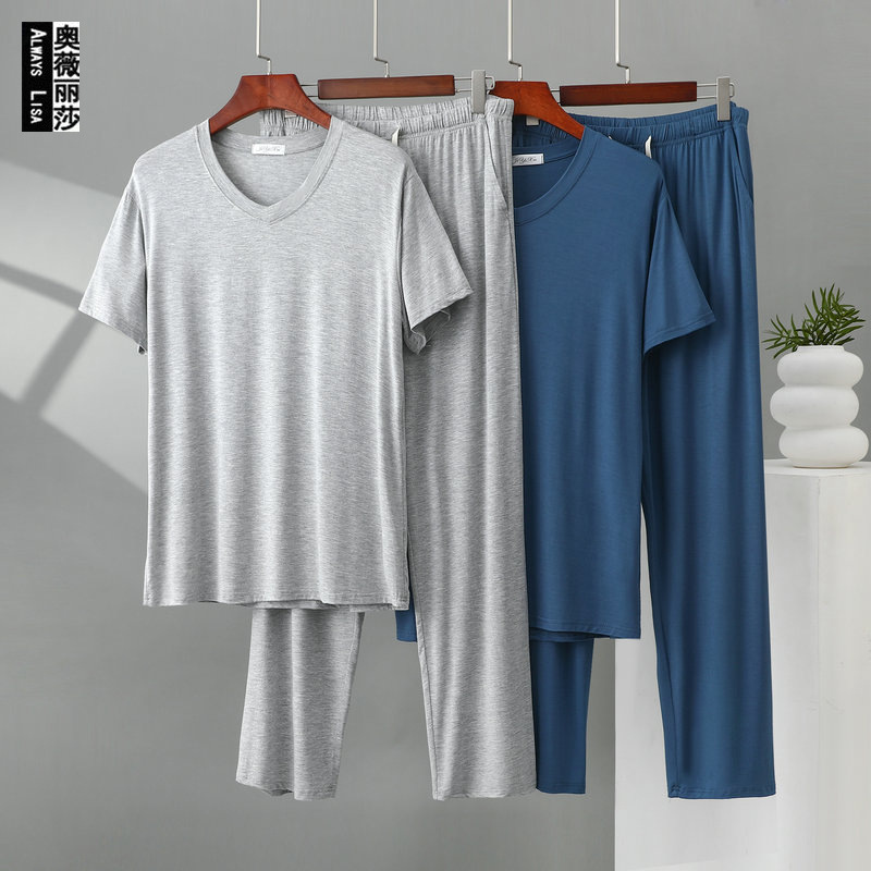 Men's V-Neck Short-Sleeve Pocket Wide-Leg Pants Casual Plus-Size Simple 2-Piece Set Summer Modal Thin Loungewear