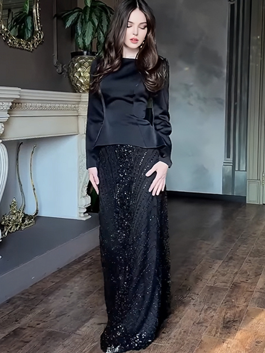 2026 European and American Amazon Foreign Trade New Season Elegant Printed Slim-Fit Long-Sleeve Skirt Two-Piece Set
