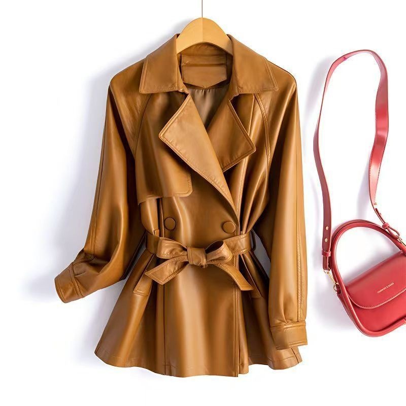 Low-Priced Spring and Autumn Haining Suit Collar Leather Jacket with Tie, Waist-Cinching, Slimming, Korean Style, British Trench Coat for Women
