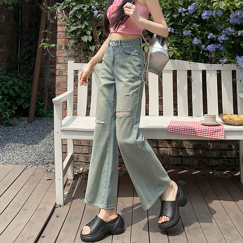 Vintage Rented Denim Flared Pants Women's Loose Slimming Spring and Summer New Arrival Nine-point Small Fashion Niche Trumpet